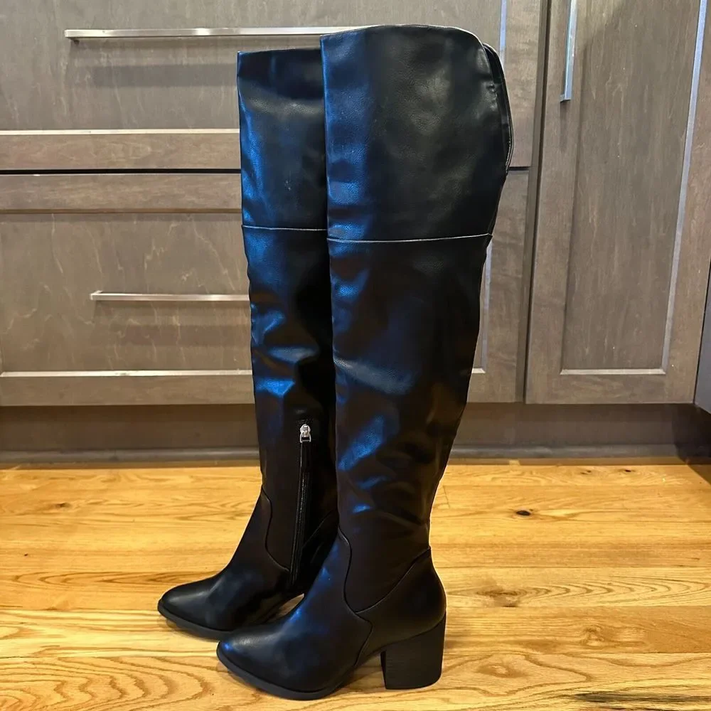 New Womens BP Luke Black Faux Leather‎ Over The Knee Heeled Boots Size 6 M